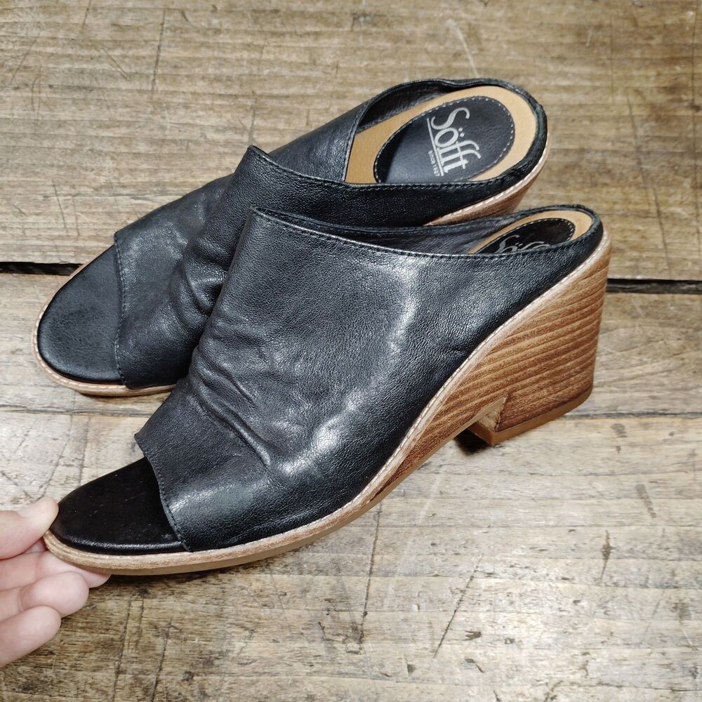 Sofft Netta 8.5 M Sandals Black Leather Open Toe Slide Boho Wedge Shoes